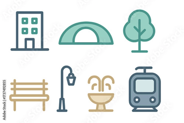 Fototapeta City park elements such as benches, trees, and a tram create a pleasant and vibrant urban atmosphere