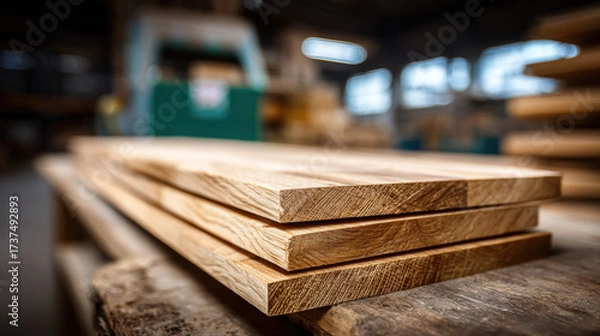 Fototapeta Stacked oak plank on workshop table with warm lighting and shallow depth of field, rustic woodworking atmosphere