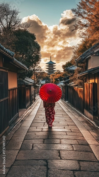 Fototapeta Solitary figure with a red umbrella walking through a traditional Japanese street, capturing the essence of urban solitude and cultural atmospheric storytelling.