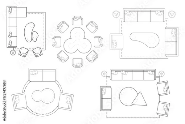 Fototapeta 5 Collections of Modern Interior Seating Layouts and Furniture Arrangements - Top View Floor Plan. Set 17