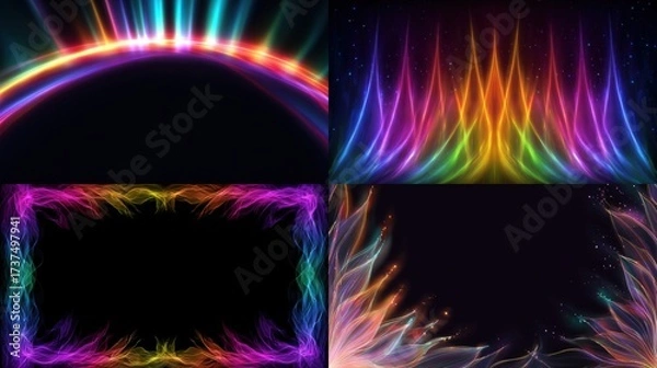 Fototapeta Four abstract compositions curved arcs, vertical flame-like forms, a rectangular frame, and floral-inspired patterns