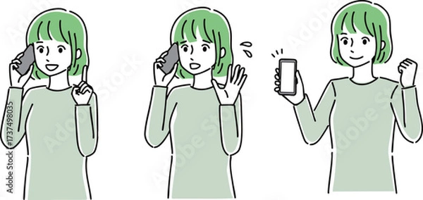Obraz スマホを使っている若い女性のイラスト
