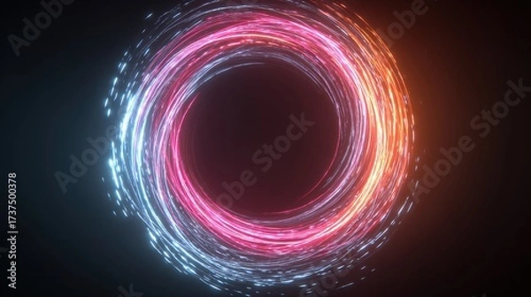 Fototapeta A vibrant, glowing ring of energy, split into hues of blue, pink, and orange, against a dark backdrop