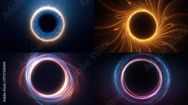 Fototapeta Four abstract swirling circles of light surround dark voids against a black background