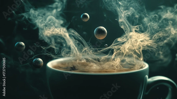 Fototapeta Abstract Hot Coffee Cup With Swirling Steam and Floating Textured Spheres on a Dark Background