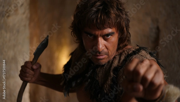 Fototapeta A close-up of a prehistoric man with a serious expression, holding a stone weapon against a cave backdrop, looking intently ahead. He wears animal skin clothing
