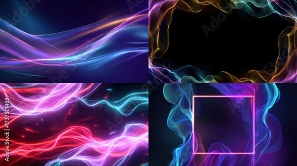 Fototapeta Four abstract compositions showcasing flowing, colorful, luminous wave-like forms against dark backgrounds