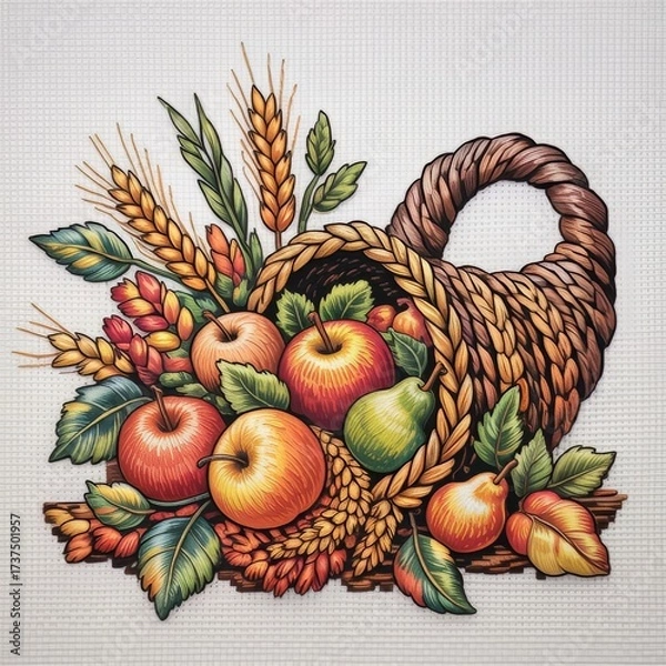 Fototapeta Colorful cornucopia illustration with fruits, vegetables, wheat and autumn leaves. Festive harvest artwork for Thanksgiving decor, packaging or editorial use.