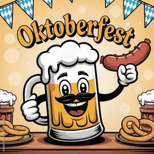 Fototapeta Whimsical beer festival illustration with frothy mug, sausage, pretzels and “Oktoberfest” banner. Colorful artwork for festive branding or themed projects.