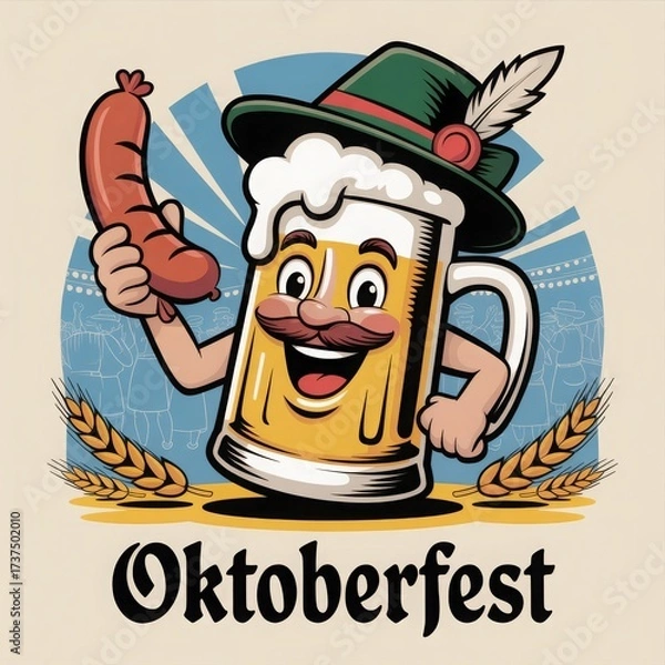 Fototapeta Playful Oktoberfest artwork featuring smiling beer character with hat and sausage, festive banners and “Oktoberfest” lettering. Seasonal design for print or digital decor.