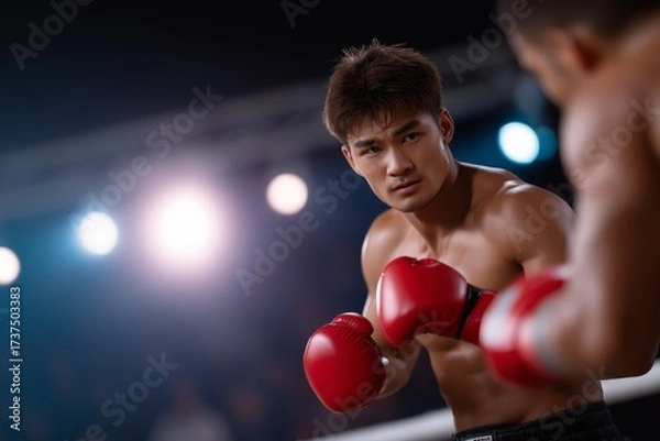 Fototapeta Young male fighter in red boxing gloves is engaged in an intense match, exchanging powerful blows with opponent in a dynamic sports arena atmosphere