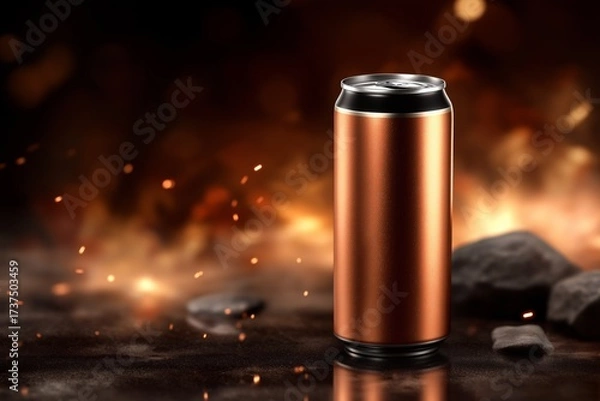 Fototapeta Tall slim can of high-end energy drink stands prominently against a dramatic fiery background, showcasing its sleek design and vibrant color, perfect for promotional use