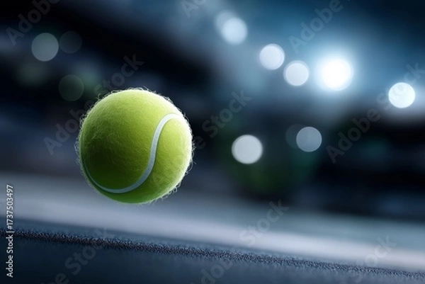 Fototapeta Tennis ball flying directly towards the camera, showcasing vibrant green color and detailed texture, with blurred background lights creating a dynamic sports atmosphere