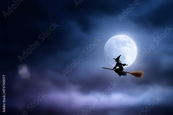 Fototapeta Silhouette of a witch flying on a broomstick across a full moon, surrounded by dark clouds, creating a mystical atmosphere with enchanting night sky elements