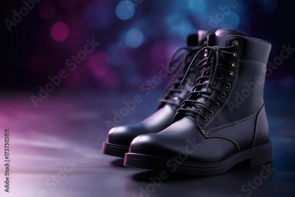 Fototapeta Polished military boots standing neatly on a reflective surface, showcasing their sleek design and craftsmanship against a vibrant bokeh background with colorful lights