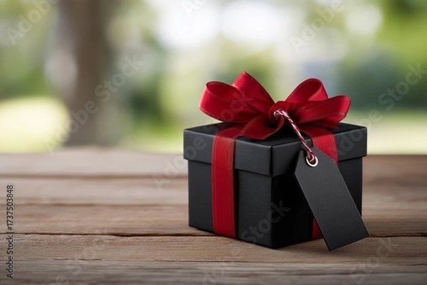 Fototapeta Black gift box adorned with a vibrant red ribbon sits elegantly on a wooden table, surrounded by a soft blurred background, creating a festive atmosphere for celebrations