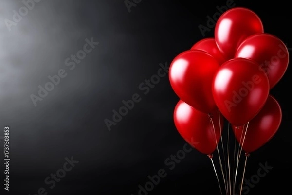 Fototapeta Glossy red balloons floating gracefully against a black background, creating a striking visual contrast and evoking a sense of celebration and joy in a minimalist setting