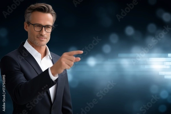 Fototapeta Businessman in smart glasses confidently addressing an audience with engaging gestures, showcasing professionalism and charisma in a modern presentation environment