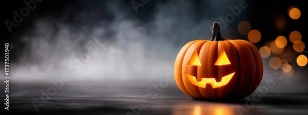 Fototapeta Close up of a sinister jack o' lantern with sharp carved features glowing in the dark, surrounded by mist and warm bokeh lights creating an eerie Halloween atmosphere