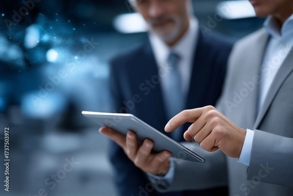 Fototapeta Businessman presenting a digital tablet to a colleague in a modern office environment, showcasing innovative technology and collaboration in a professional setting