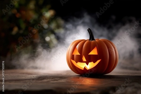 Fototapeta Close-up of a sinister jack o' lantern with sharp carved features, glowing warmly in the dark, surrounded by mist, creating an eerie Halloween atmosphere