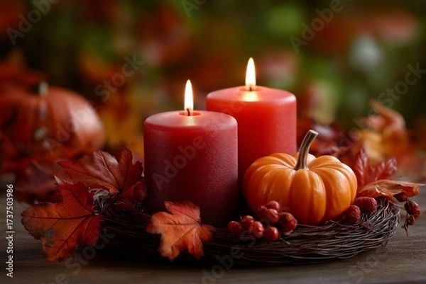 Fototapeta Close up of vibrant red and orange candles surrounded by autumn leaves and a small pumpkin, creating a warm and inviting seasonal atmosphere for fall celebrations