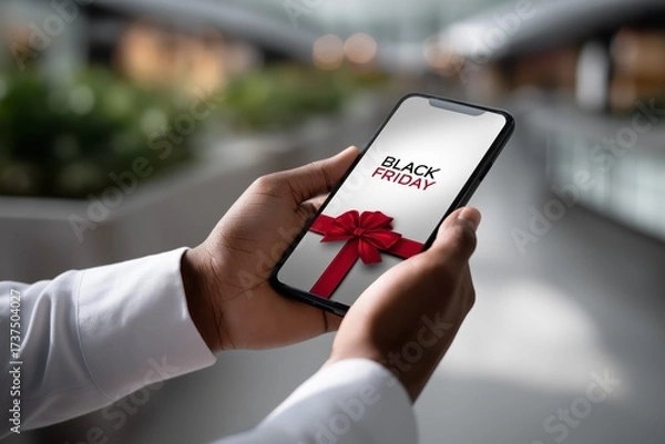 Fototapeta Close up of hands holding smartphone displaying Black Friday promotional offer with a red bow, set in a modern shopping environment, capturing the excitement of holiday shopping