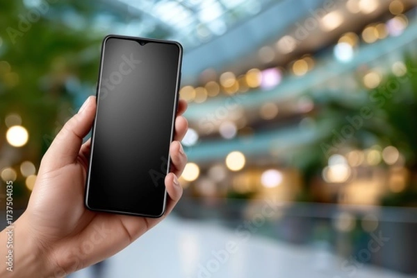 Fototapeta Close-up of hands holding smartphone with blank screen in a modern shopping mall, showcasing digital technology and consumerism during Black Friday sales season