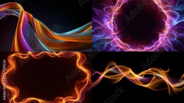 Fototapeta Four abstract, glowing visuals. Twisted ribbons, portal, frame, and wave motion, all with fiery color palettes