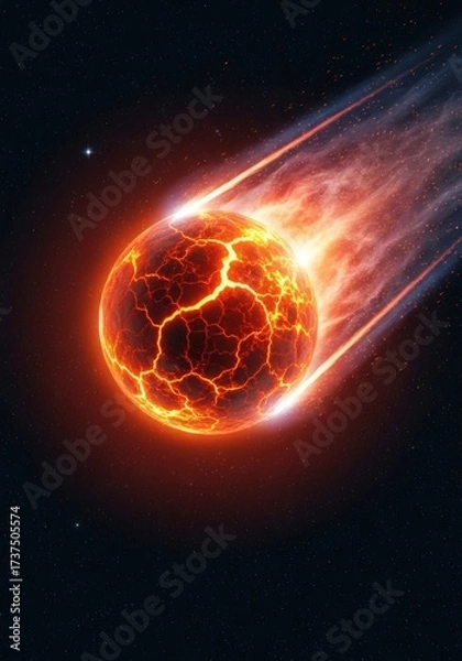 Fototapeta A vivid depiction of a molten volcanic planet in deep space. Its cracked surface glows with intense orange and yellow lava, radiating heat and energy. Fragments of rock break away from the planet