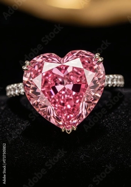Fototapeta "A luxurious ring featuring a heart-shaped pink gemstone as its centerpiece. The gem sparkles with intricate facets and is set in a band adorned with small white diamonds. The setting, likely platinum