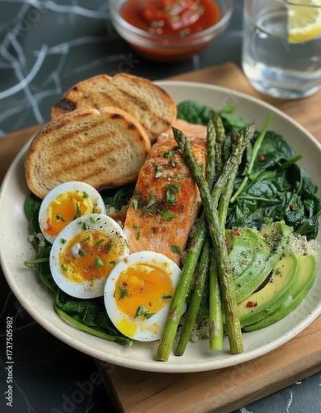 Fototapeta Plate of food with eggs and asparagus