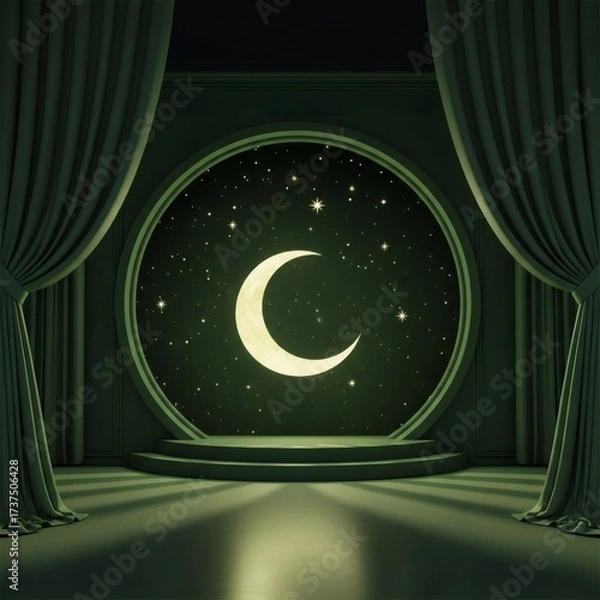 Fototapeta A theater stage with green curtains closed over a wooden floor, framed by an ornate arch and warm lighting.