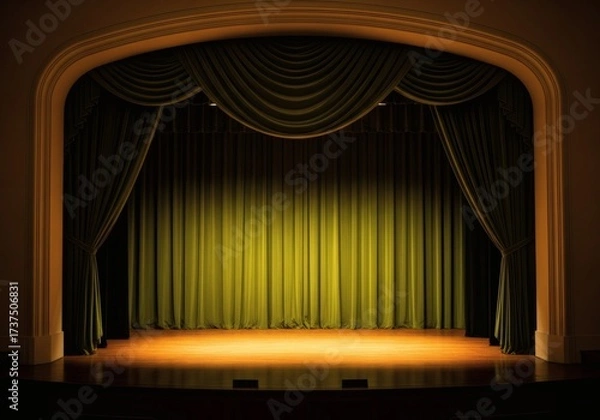 Fototapeta A theater stage with green curtains closed over a wooden floor, framed by an ornate arch and warm lighting.