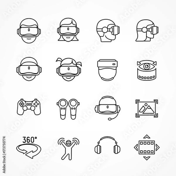 Obraz Virtual reality linear icon set isolated on white. Vector