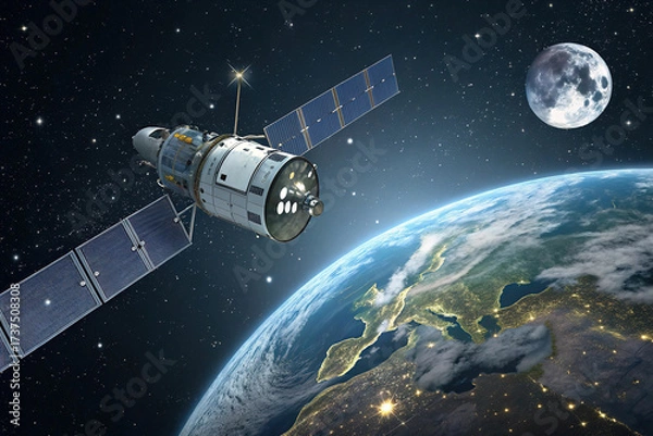 Fototapeta Sleek High-Tech Artificial Satellite Orbiting Earth Amid Twinkling Stars