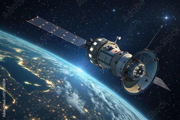 Fototapeta Sleek High-Tech Artificial Satellite Orbiting Earth Amid Twinkling Stars