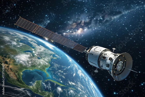 Fototapeta Sleek High-Tech Artificial Satellite Orbiting Earth Amid Twinkling Stars