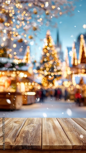 Fototapeta Blurry festive scene with a wooden table in the foreground, decorated Christmas tree and market stalls glowing with lights in the background