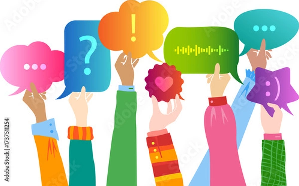 Fototapeta Human hands up and holding colorful speech bubbles. Vector horizontal border with decoration elements.