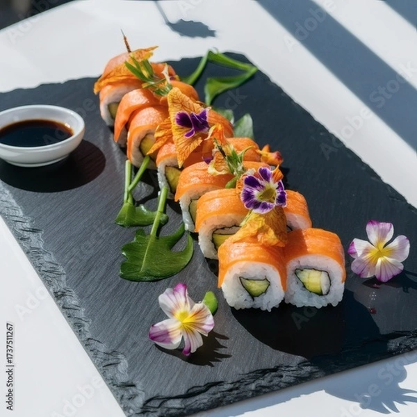 Fototapeta A plate of vegan sushi arranged artfully on a
slate board with edible flowers and a small soy dish. Close-up top-down,