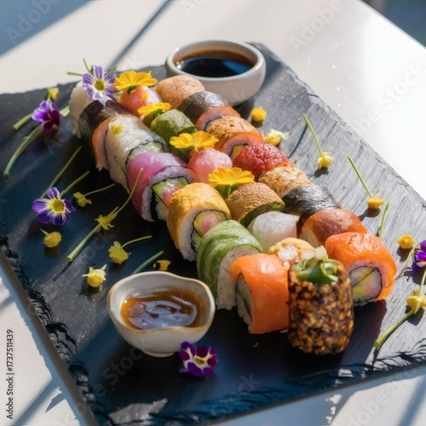 Fototapeta A plate of vegan sushi arranged artfully on a
slate board with edible flowers and a small soy dish. Close-up top-down,
