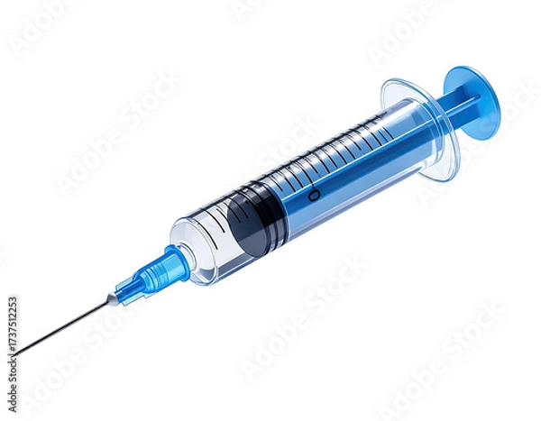 Obraz Medical injection device with needle, transparent barrel, blue plunger and parts, dark background