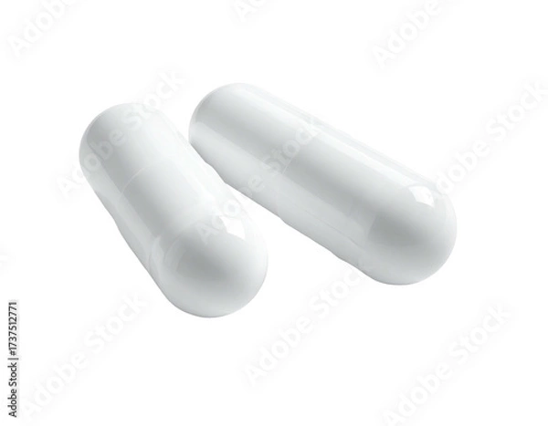 Fototapeta Two shiny white capsule pills on a black background, close-up