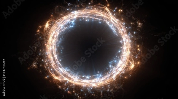 Fototapeta A glowing ring of light with sparks and trails, framing a black void, against a dark background