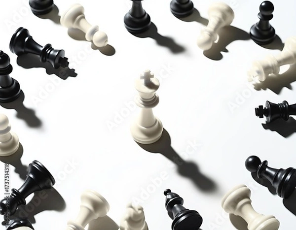 Fototapeta Close-up of a White King Chess Piece Standing Alone Surrounded by Fallen Black and White Pieces - Concept of Isolation, Victory, and Strategy