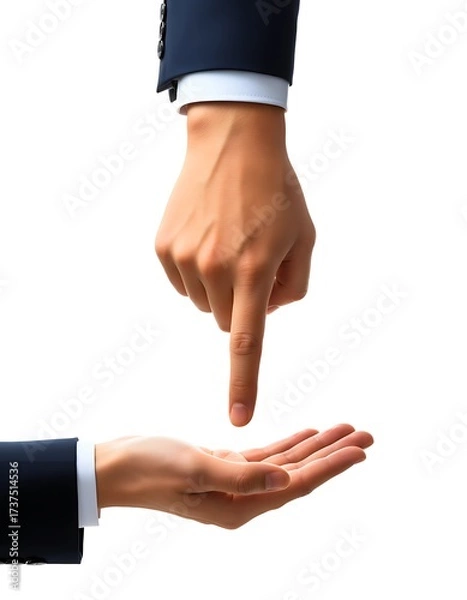 Fototapeta Two Business Hands Interacting and Pointing Downwards - Concept of Giving, Presenting, or Selecting - Isolated on White Background Stock Photo