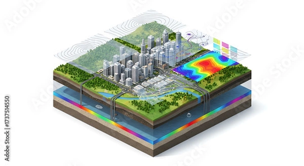 Obraz Isometric cross-section of a modern city showing geological layers and environmental data mapping for urban planning
