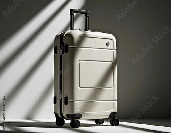 Fototapeta Minimalist Hard-Shell Rolling Suitcase in Light Cream Color Standing in Studio With Dramatic Geometric Shadows - Modern Travel and Luggage Concept