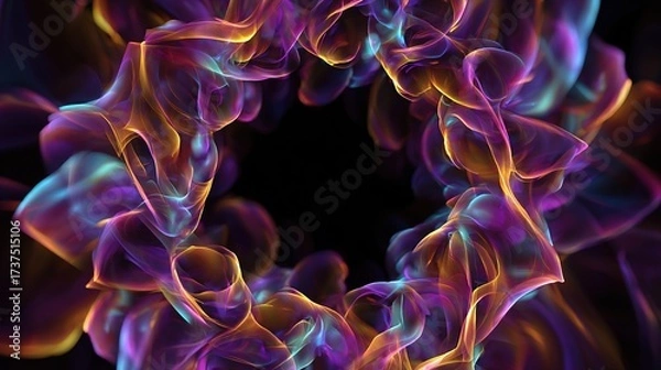 Fototapeta A swirling, vibrant halo of colorful, smoke-like tendrils, with hues of purple, orange, and teal, frames a dark void